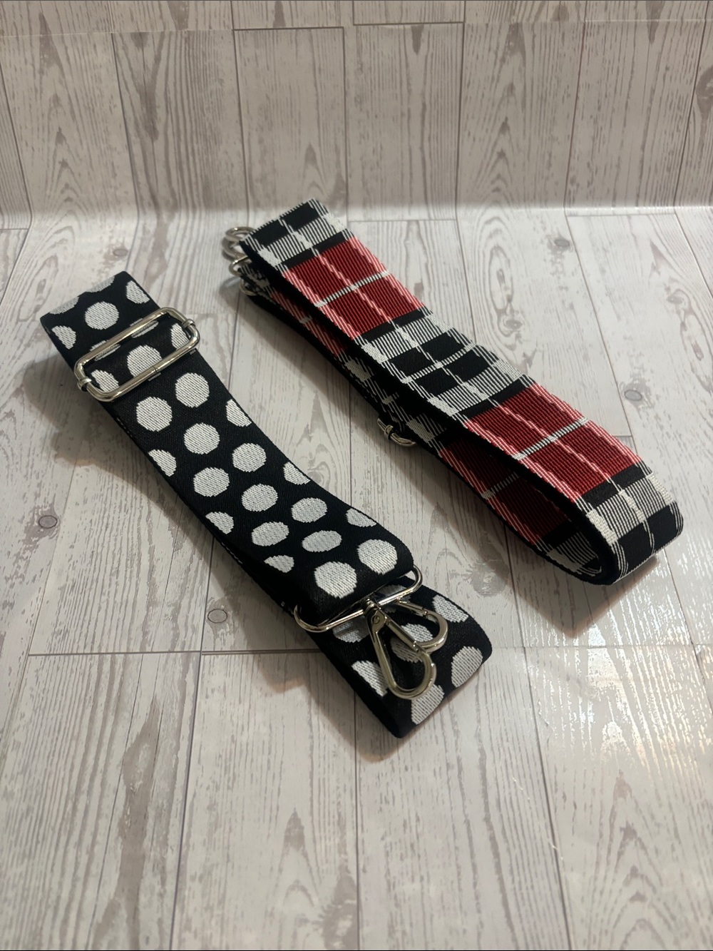 Adjustable Black Polka Dot & Red Plaid Bag Straps - Set of 2